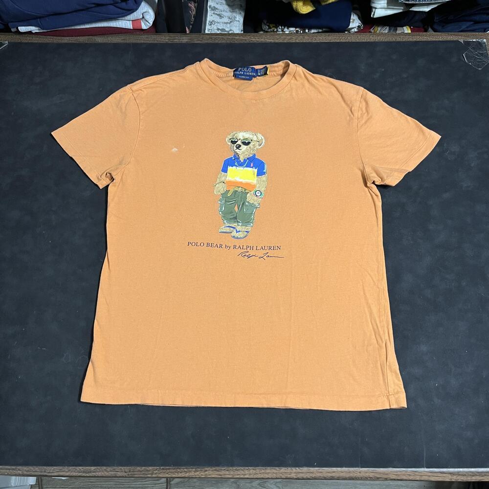 Polo Ralph Lauren Polo Bear Shirt Mens Small Orange Classic Fit Graphic Tee Y2k